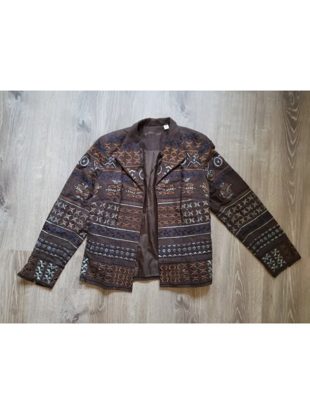 Coldwater Creek Womens 10 Open Front Jacket Brown Embroidered Beaded Fall Artsy